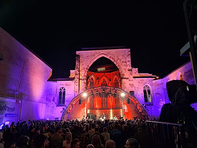 Große Menschenmenge vor einer beleuchteten historischen Backsteinfassade mit roter und violetter Bühnenbeleuchtung bei Nacht