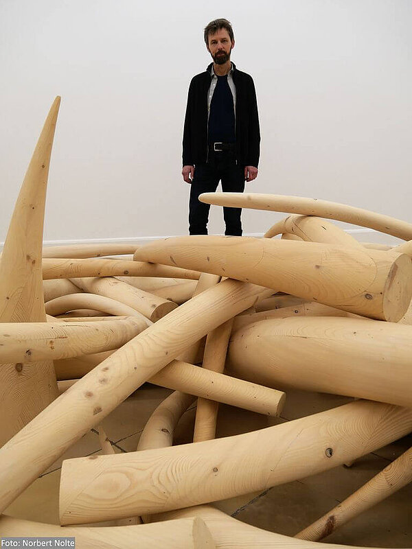 Oliver van den Berg mit der Bodeninstallation Stoßzähne, die eine Ansammlung von hölzernen Nachbauten von Elefantenstoßzähnen zeigt.