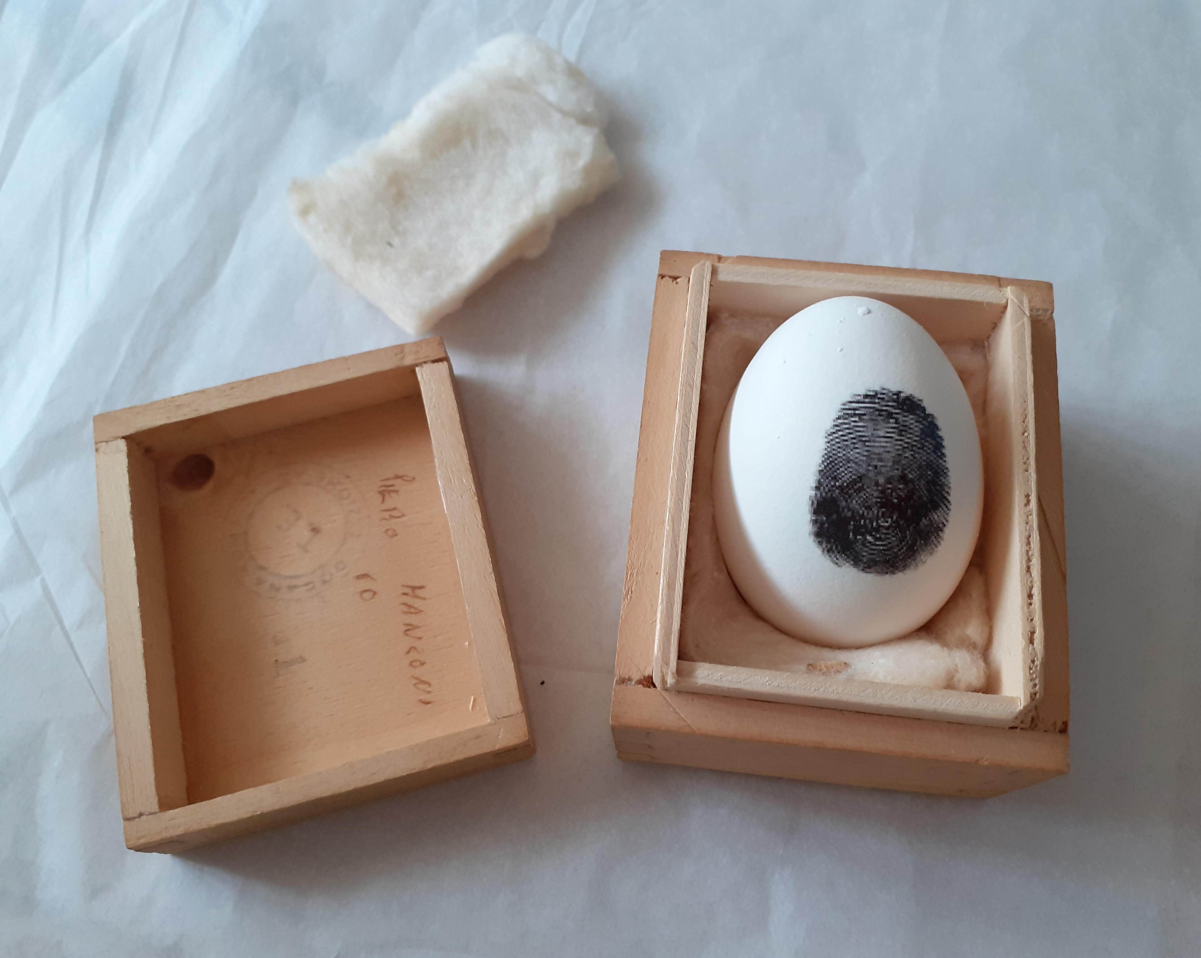 Ein gekochtes Ei mit einem Daumenabdruck von Piero Manzoni in einer Holzkiste liegend